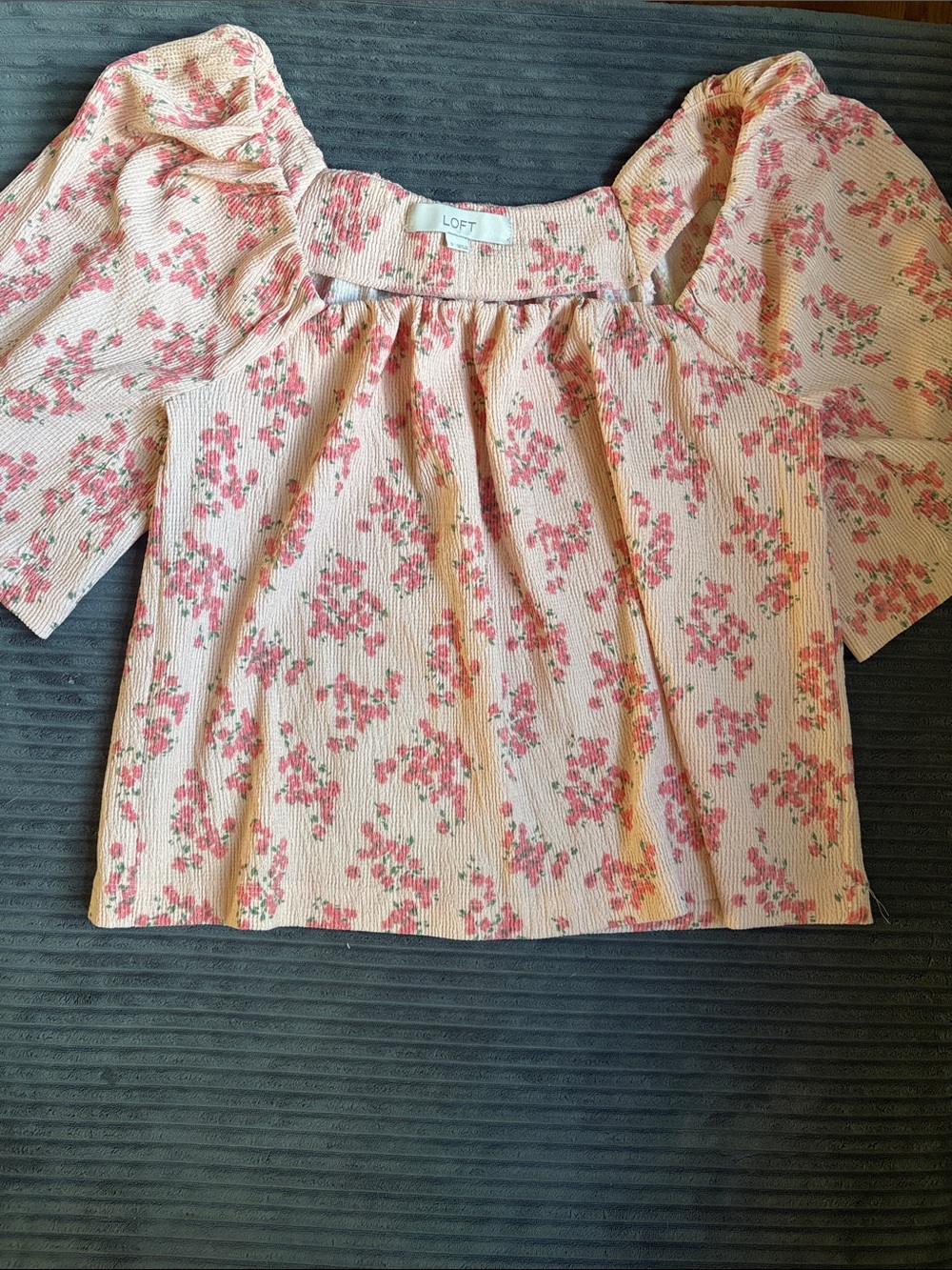 LOFT Blush Pink Floral Square-Neck Puff Sleeve Top